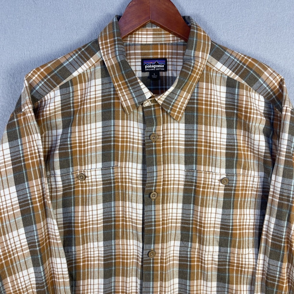 Patagonia Flannel Shirt Mens Large Brown Plaid Long Sleeve Organic Cotton Gorp